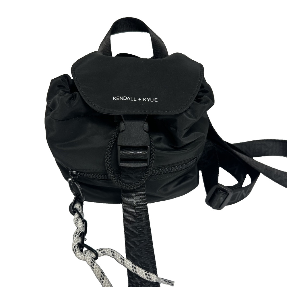 Kendall + Kylie Black Mini Backpack Drawstring Buckle Flap Logo Straps Bag